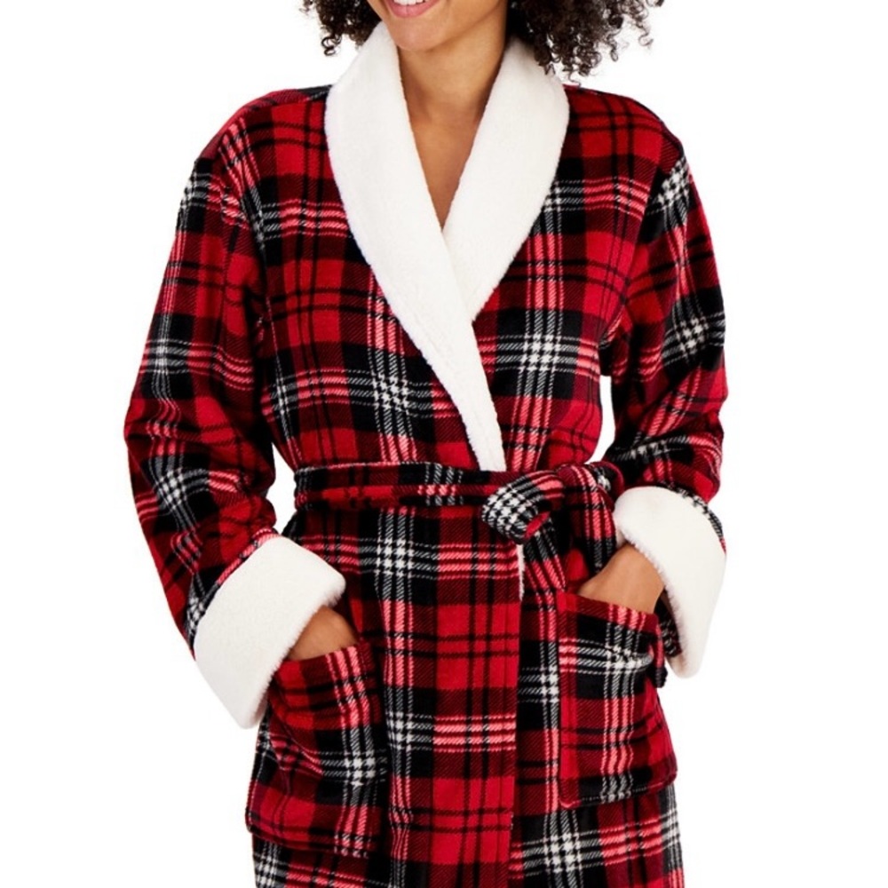 NWT, Charter Club, Women’s Long-Sleeve Robe w/ self-tie, Pink & Black Plaid M/L - Picture 2 of 3